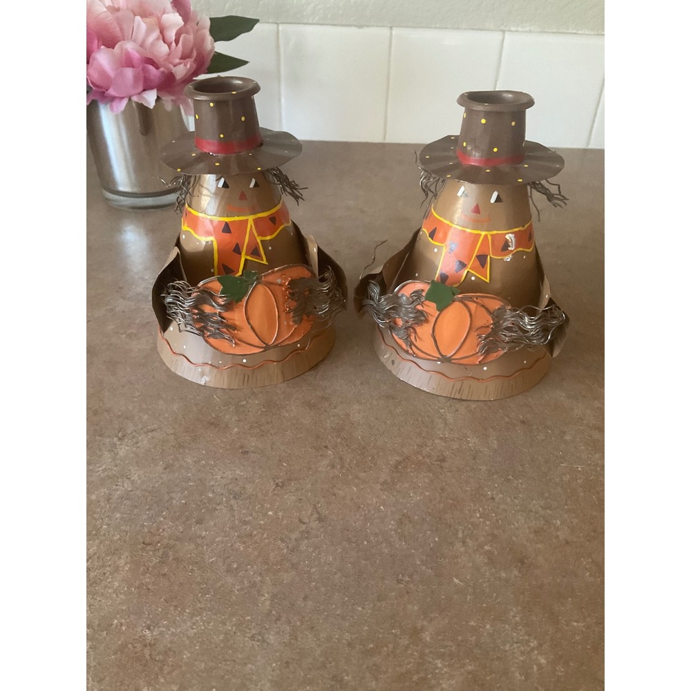 Vintage Metal Scarecrow Candle Holder Set Fall Thanksgiving Decor 2pc